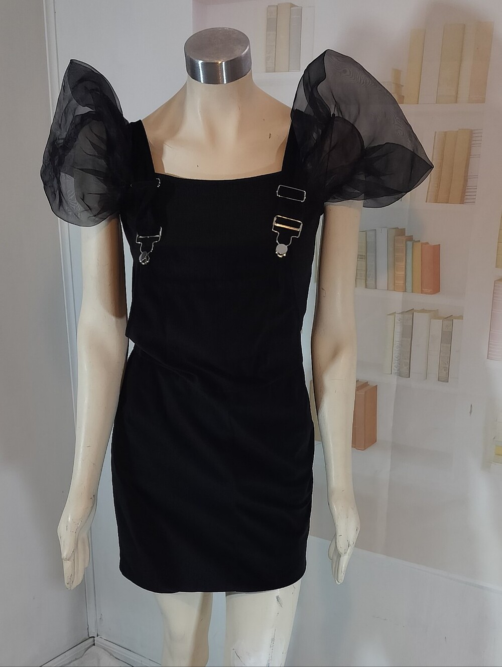 Black Puff-Sleeve Mini Dress with Buckle Straps